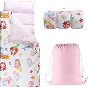 Hi Sprout Toddlers Nap Mat with Removable Pillow and Soft Blanket, Lightweight Daycare Preschool Kindergarten Sleeping Bag, Travel Slumber for Kids Girls Boys (Mermaids)
