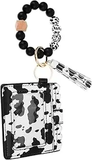 [COLLBATH] Leather Purse Bead Bracelet Cow Pattern Clutch Small Wallet Keychain Wristlet Fashion Accessory