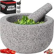 Heavy Duty Extra Large Mortar and Pestle Set, Hand Carved from Natural Granite, Make Fresh Guacamole, Salsa, Pesto, Stone Grinder Bowl, Herb Crusher, Spice Grinder, 4 Cup, Grey