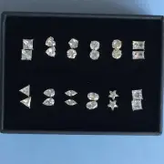 JTV Cubic Zirconia Rhodium Over Sterling Silver Stud Earring Set Of 12 NEW NIB