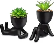 Fake Succulent, 2PCS Mini Succulents Plants Artificial in Black Modern Human Shaped Ceramic Pots Cute Desk Decor Desk Plant for Office Decor for Women, Cute Fake Plants Bathroom Decor (Black)