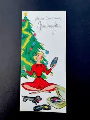 VTG Unused Xmas Greeting Card Mid Century Lady By Tree Playing Old Record Music