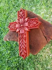 Jarrah Hardwood Floral Carved Cross - Gold Leaf Accent, Australian Handmade