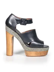 Black Leather Strap Wooden Platform Heels