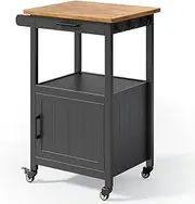 Qsun Kitchen Island Cart on Wheels with Drawer, Storage Cabinet, Shelf and Side Hook, Rolling Kitchen Cart with Rubber Wood Countertop, Microwaves Stand for Small Space, Black