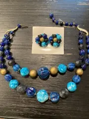 Vintage Western Germany Blue Lucite Necklace Earrings Gold Accent Jewelry Set