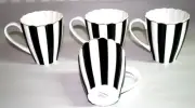 Grace Teaware Black White Stripe Porcelain Coffee Mugs Gold Trim Set of 4 New
