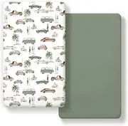 GRSSDER Stretchy Ultra Soft Jersey Knit Fitted Crib Sheets Set 2 Pack, Universal Fitted All Standard Crib Mattress Pads Safe and Snug, Crib Fitted Sheet for Baby, Neutral Pattern of Cartoon Cars Print