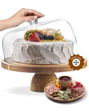 Acacia Wood Cake Stand with Lid - 12in Round Dessert Display & Charcuterie Board