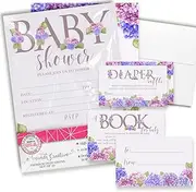 Baby Shower Invites for Girls – Floral Baby Shower Invitation Bundle with Diaper Raffle Tickets, Book Request Cards & Envelopes. Set of 20 5X7 Hydrangea Invitation Kit Sets