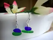 Blue & Green Pebble Shaped Frosted Sea Glass Silver Ladies Dangle Earrings