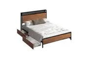 Oikiture Metal Bed Frame King Size with 4 Drawers LED Brown & Black