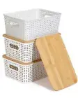 3 Pack Storage Baskets Bins Pantry Plastic With Bamboo Lid Organization Contaers