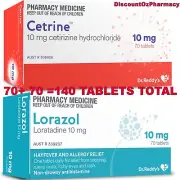 70x Cetirizine 10mg (Cetrine) + 70x Loratadine 10mg (Lorazol) - Hayfever Relief