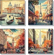 HEIBAGO Set of 4 Paint by Numbers for Adults with Frame, DIY Landscape Painting by Numbers Kits for Beginners, Oil Painting Art Craft Pictures for Wall Decoration, 8 x 8 Inches