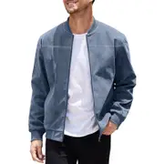 Men's Varsity Bomber Flight Jacket Breathable Windbreaker Zip Coat Faux Leather - Blue