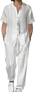 [HanzhuoLG] Men's Casual Two Piece Set Summer Henley Neck Short Sleeve Cardigan Shirt & Pants 2 Pcs Set Large White