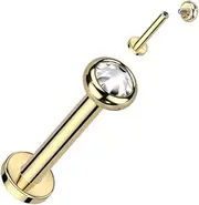[TWILIGHT LONDON] 2mm Gold Bezel Set Solitaire Crystal Labret Earring in Implant Grade Titanium, 16 Gauge Internally Threaded Labret Design, Designed for Comfort, Perfect for the Helix, Tragus or Flat,