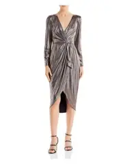AIDAN AIDAN MATTOX Womens Gold Hi-lo Shoulder Pads Long Sleeve Faux Wrap Dress 0