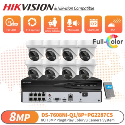 Hikvision 8CH 4K Security Camera System POE NVR 8MP Full Color Camera Plug Play