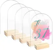 Bercoor 5 Pack 5x7 Inch Blank Clear Arch Acrylic Sign with Wooden Stands, Arched Round Top Acrylic Sheet, DIY Acrylic Arch Table Numbers for DIY Name Card Gifts Event Party Sign Decoration