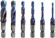 Yakamoz 6Pcs Hexagon Titanium Drill Tap Combination Bit Set, 1/4" Hex Shank Screw Tapping Countersink Drill Bits Metric Thread M3 M4 M5 M6 M8 M10 Taps Tool