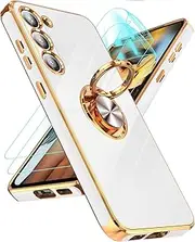 [LeYi] for Galaxy S23 5G Case: Samsung Galaxy S23 Case with 2 Pack Free Screen Protector and 360°Rotatable Ring Holder Magnetic Kickstand, Plating Rose Gold Edge Protective for Samsung S23, White