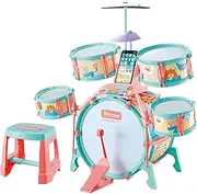 KIDBOT Kids Rock Jazz Drum Set with Chair for Toddler 5 Drums 17 Pieces Musical Instrument Educational Toy,Colourful