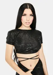 [Dolls Kill] Tasya Black Sequin Wrap Crop Top