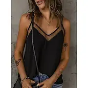 Women's Camisole Tank Top Solid Color Stylish Casual Sleeveless Strap Regular Tops Daily Mesh Patchwork Black White Summer