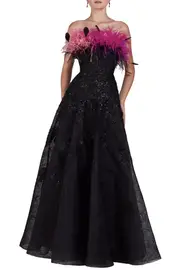[O'BLANC] BEADED FEATHERED BALL GOWN US 16 BLACK