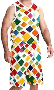 [KQNZT] Basketball Jersey for Men, Jersey Shorts Outfit Set, Men's Lightweight Rec Tanks, Modern Cartoon Colored Geometric Pattern Squares