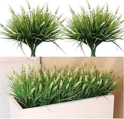 BIGFIS 24 Bundles Artificial Plants Outdoor Fake Monkey Grass with Flowers for Pot UV Resistant Garden Decor for Window Garden Patio Hanging Planter Pathway Front Porch (24, White)