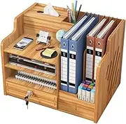 Updated Wooden Desktop Organiser with Drawer, Large Capacity Desk Tidy Storage Holder File Rack A4 Paper Document Sorter DIY Office Supplies Storage Box for Home, Office and School(JB07-2 Cherry Wood)