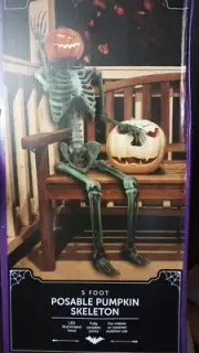 Halloween 5 Foot Poseable Green Skeleton With Pumpkin Head, New In Box