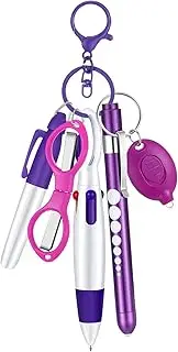 MotiMind 6 Pcs Nurse Pen Set Include Permanent Marker Pen Retractable Ballpoint Pen Keychain Clip Foldable Scissors Lights LED Flashlight Keychain for Nurse Accessories(Purple)