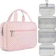 [PAVILIA] Hanging Toiletry Bag Travel Bag Women Men, Foldable Cosmetic Organizer, Roll up Makeup Bag, Water Resistant Accessories Toiletries, Large Travel Essentials Kit (Pink Stripe)