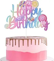 Happy Birthday Cake Topper, Candyland Birthday Cake Topper Colorful Glitter Cake Decoration Sweet Lollipop Cake Topper for Girls Kids Family Friends