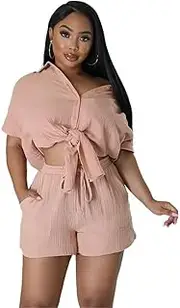 [Fastkoala] Women's Two Piece Outfits Casual Long Sleeve Shorts Pants Set Sweatsuits Jogging Tracksuit with Pockets