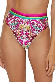 [Trina Turk] Women's Hawaiian Garden High Waisted Bikini Bottom, Floral Print, Cheeky Coverage, Swimwear Separates
