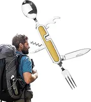 Camping Flatware, Stainless Steel Backpacking Cutlery, Foldable Multi-Functional Flatware for Backpacking, RV Camping, Barbecue, Tailgating, Wilderness Survival