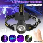 USB Charging White LED Scorpin Headlight Zoom Sensor Head Torch UV Light Lamp