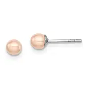 Sterling Silver Rh-Plated 3-4mm Pink Fw Cultured Button Pearl Stud Earrings