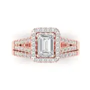 1.5ct Emerald Cut Halo Engagement Wedding Ring Band bridal Set 14k Rose Gold
