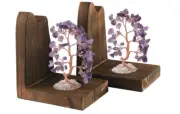 Wood Bookends for Shelves with Crystal Tree, Geode Bookstoppers for Heavy Boo...