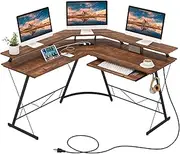 Costway L-Shaped Computer Desk with Power Outlet, 130 cm Corner Computer Workstation with Monitor Stand, Keyboard Tray & Headphone Hook, Ergonomic Gaming Desk for Home Office (Rustic Brown)