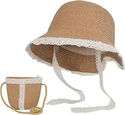 [AUZOEYTOYK] 2 Pcs Little Girls Straw Hat Floppy Summer Lace Beach Cap with Woven Pocket Bag Outdoor Baby Sun Protection Hats Packable Cap
