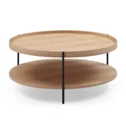 Cleo 90cm Round Coffee Table Natural Ash With Storage Shelf Black Leg