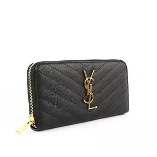 YSL 山形紋荔枝皮金字logoㄇ型拉鏈長夾(黑色) 358094 BOW01 1000