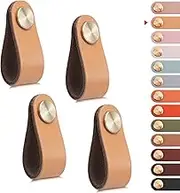 LEREATI 4 Pack Leather Drawer Pulls Beige Cabinet Handles Single Hole Dresser Knobs Cabinet Door Handle, Leather Pulls for Dresser, Closet, Kitchen Cupboard (Single Hole, Beige) L072-FT